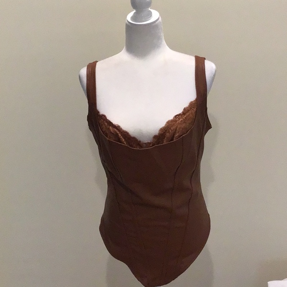 Popilush brown faux leather bodysuit size 2XL lace accent with tag snap closure